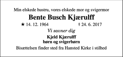 Dødsannoncen for Bente Busch Kjærulff - Rårup