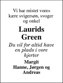 Dødsannoncen for Laurids Green - Hatting