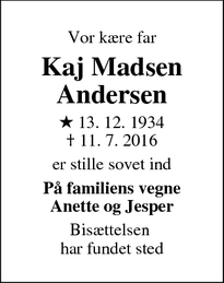 Dødsannoncen for Kaj Madsen Andersen - Horsens