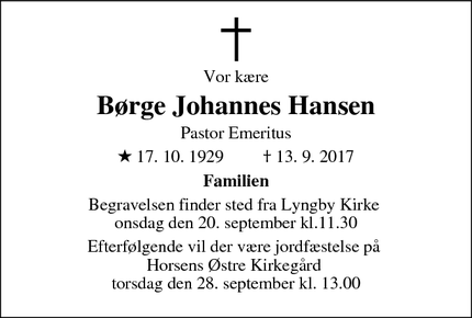 Dødsannoncen for Børge Johannes Hansen  - Horsens