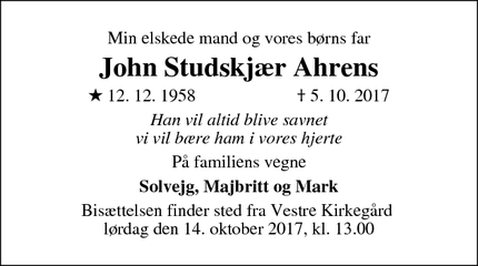 Dødsannoncen for John Studskjær Ahrens - Horsens