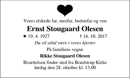 Dødsannoncen for Ernst Stougaard Olesen - Brædstrup