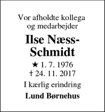 Dødsannoncen for Ilse Næss- Schmidt - Horsens