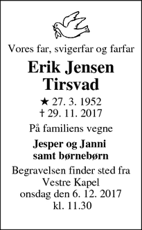 Dødsannoncen for Erik Jensen Tirsvad - Horsens