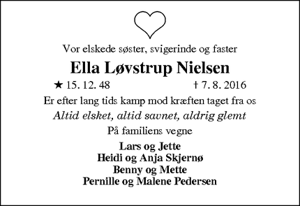 Dødsannoncen for Ella Løvstrup Nielsen - Horsens
