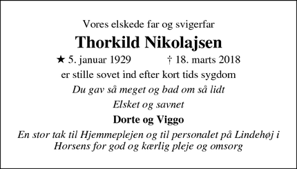 Dødsannoncen for Thorkild Nikolajsen - Horsens