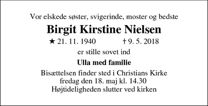 Dødsannoncen for Birgit Kirstine Nielsen - Christianshavn
