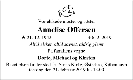 Dødsannoncen for Annelise Offersen - Horsens, Danmark