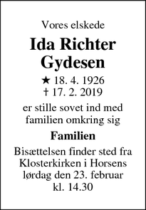 Dødsannoncen for Ida Richter Gydesen - Horsens