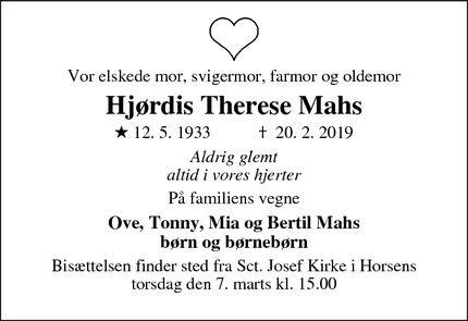 Dødsannoncen for Hjørdis Therese Mahs - Horsens 
