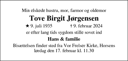 Dødsannoncen for Tove Birgit Jørgensen - Horsens