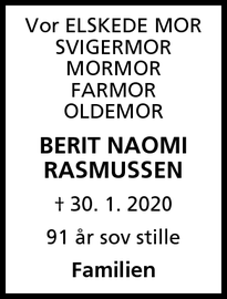 Dødsannoncen for BERIT NAOMI RASMUSSEN - Hvidovre