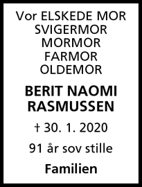 Dødsannoncen for BERIT NAOMI RASMUSSEN - Hvidovre