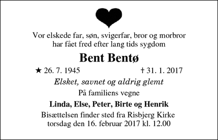 Dødsannoncen for Bent Bentø - Hvidovre