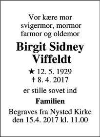 Dødsannoncen for Birgit Sidney
 Viffeldt - Hvidovre