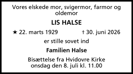 Dødsannoncen for LIS HALSE - Hvidovre