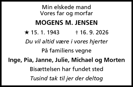 Dødsannoncen for Mogens M. Jensen - Roskilde