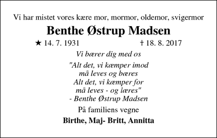 Dødsannoncen for Benthe Østrup Madsen - Avedøre
