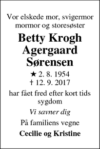 Dødsannoncen for Betty Krogh Agergaard
Sørensen - Hvidovre