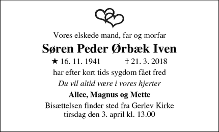 Dødsannoncen for Søren Peder Ørbæk Iven - Hvidovre
