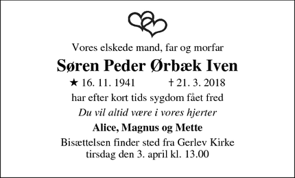 Dødsannoncen for Søren Peder Ørbæk Iven - Hvidovre