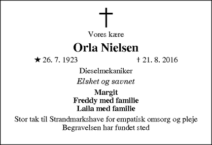 Dødsannoncen for Orla Nielsen - Hvidovre