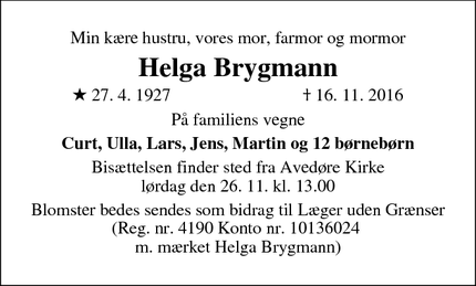 Dødsannoncen for Helga Brygmann - Hvidovre