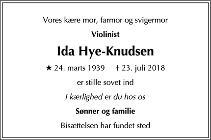 Dødsannoncen for  Ida Hye-Knudsen - København