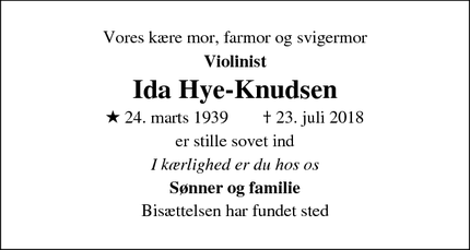 Dødsannoncen for  Ida Hye-Knudsen - København