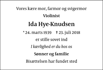 Dødsannoncen for  Ida Hye-Knudsen - København