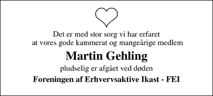 Dødsannoncen for Martin Gehling - Ikast