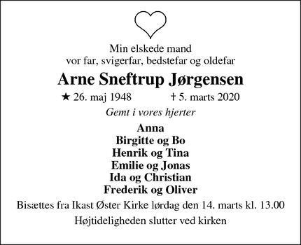 Dødsannoncen for Arne Sneftrup Jørgensen - Ikast