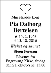 Dødsannoncen for Pia Dalborg Bertelsen - Engesvang