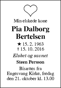 Dødsannoncen for Pia Dalborg Bertelsen - Engesvang