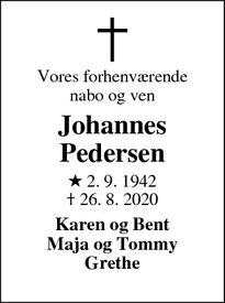 Dødsannoncen for Johannes Pedersen - Engesvang