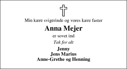 Dødsannoncen for Anna Mejer - Agerskov