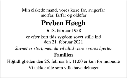 Dødsannoncen for Preben Høegh - Holstebro