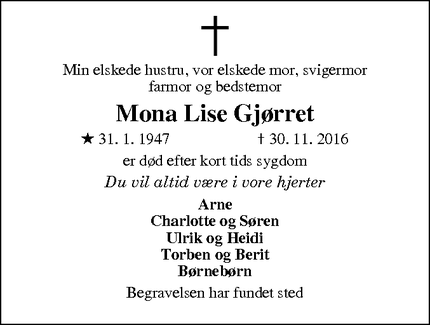 Dødsannoncen for Mona Lise Gjørret - Bording