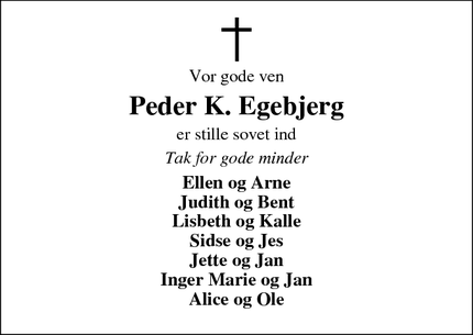 Dødsannoncen for Peder K. Egebjerg - Ikast