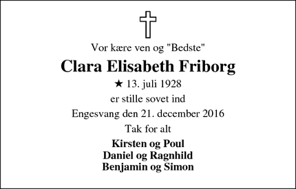 Dødsannoncen for Clara Elisabeth Friborg - Engesvang