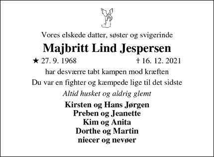 Dødsannoncen for Majbritt Lind Jespersen - Ikast