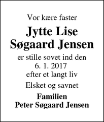 Dødsannoncen for Jytte Lise Søgaard Jensen - Ikast