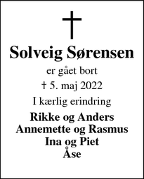 Dødsannoncen for Solveig Sørensen - Ikast