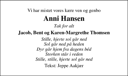 Dødsannoncen for Anni Hansen - Ikast