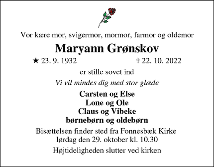 Dødsannoncen for Maryann Grønskov - Ikast