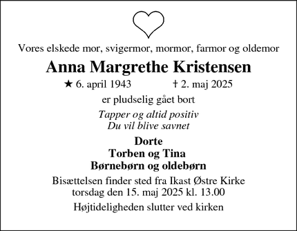 Dødsannoncen for Anna Margrethe Kristensen - Ikast