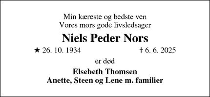 Dødsannoncen for Niels Peder Nors - Ikast