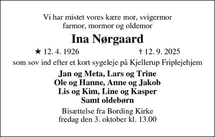 Dødsannoncen for Ina Nørgaard - Bording