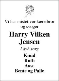 Dødsannoncen for Harry Vilken
Jensen - Ikast