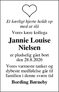 Dødsannoncen for Jannie Louise Nielsen - Bording